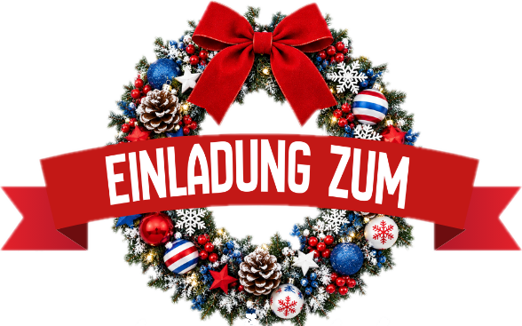 Einladung zum – geschmückter Weihnachtskranz mit roter Schleife